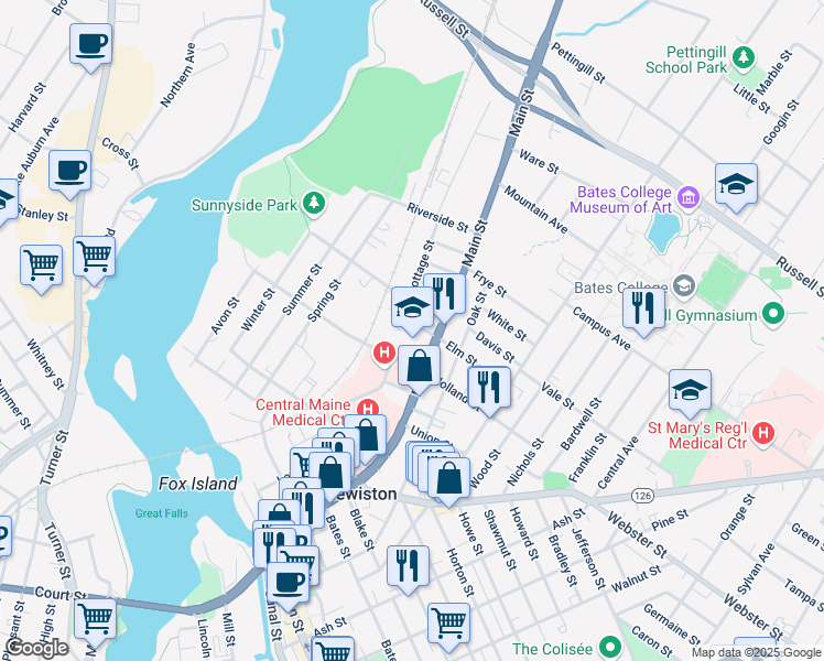 map of restaurants, bars, coffee shops, grocery stores, and more near 100 Holland Street in Lewiston