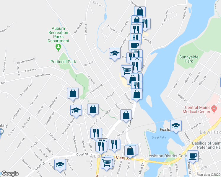 map of restaurants, bars, coffee shops, grocery stores, and more near 109 Summer Street in Auburn