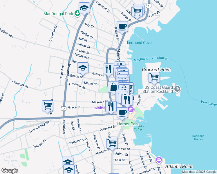 map of restaurants, bars, coffee shops, grocery stores, and more near Union Street in Rockland