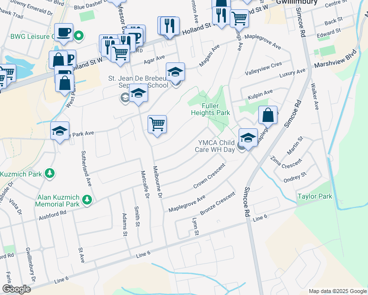 map of restaurants, bars, coffee shops, grocery stores, and more near Imperial Crescent in Bradford West Gwillimbury
