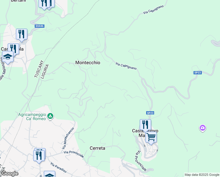 map of restaurants, bars, coffee shops, grocery stores, and more near 46 Via Montefrancio in Colombiera-Molicciara