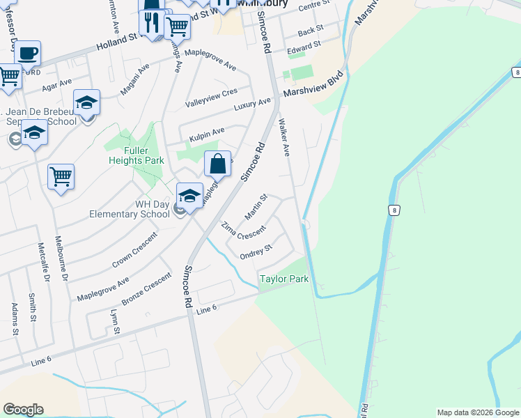 map of restaurants, bars, coffee shops, grocery stores, and more near 80 Martin Street in Bradford West Gwillimbury
