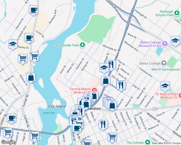 map of restaurants, bars, coffee shops, grocery stores, and more near 69 Holland Street in Lewiston