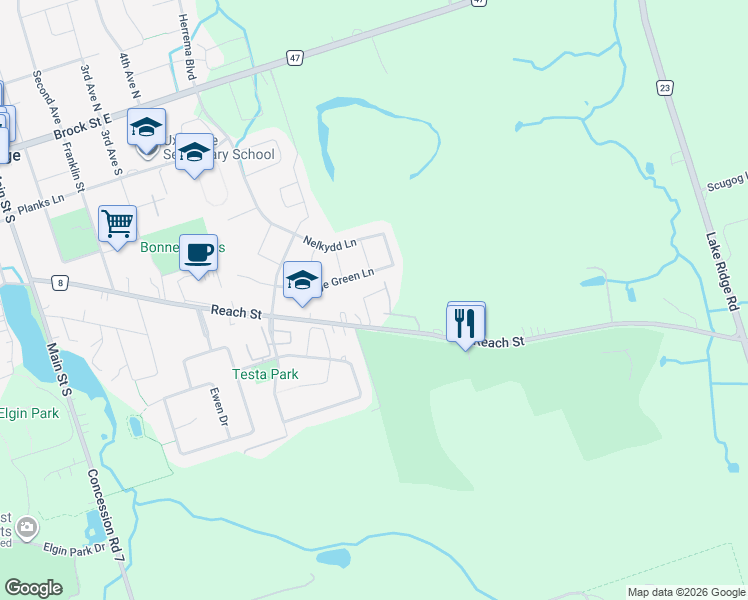 map of restaurants, bars, coffee shops, grocery stores, and more near 17 David Worgan Trail in Uxbridge