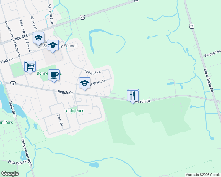 map of restaurants, bars, coffee shops, grocery stores, and more near 3 Lois Torrance Trail in Uxbridge