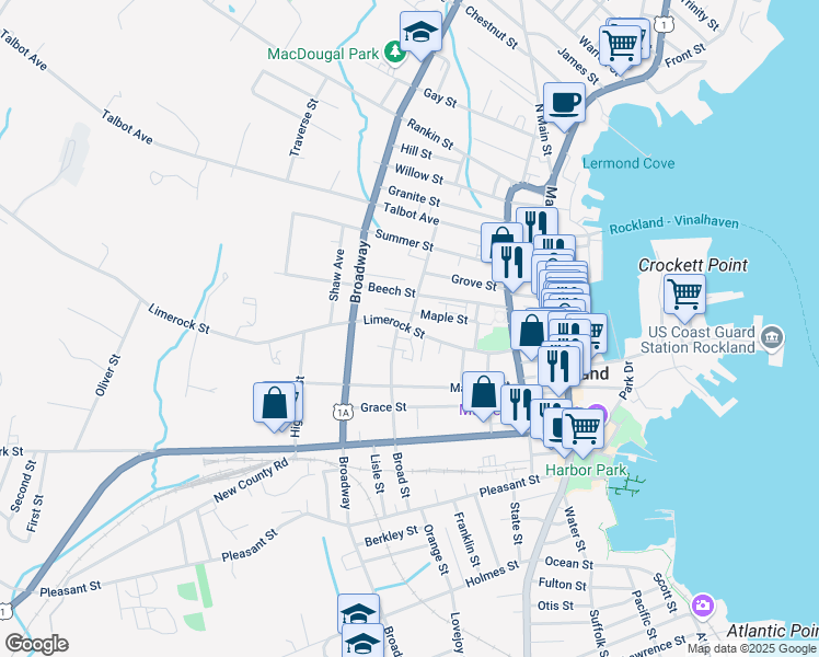 map of restaurants, bars, coffee shops, grocery stores, and more near 110 Limerock St in Rockland