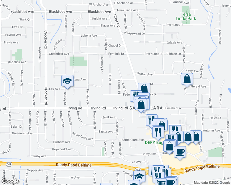 map of restaurants, bars, coffee shops, grocery stores, and more near 221 Federal Lane in Eugene