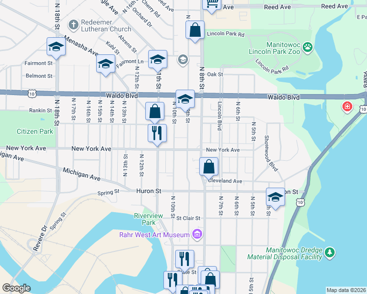 map of restaurants, bars, coffee shops, grocery stores, and more near 851 North 10th Street in Manitowoc