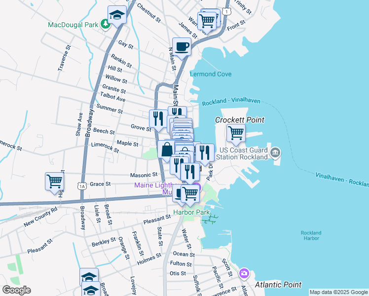 map of restaurants, bars, coffee shops, grocery stores, and more near 408 Main Street in Rockland
