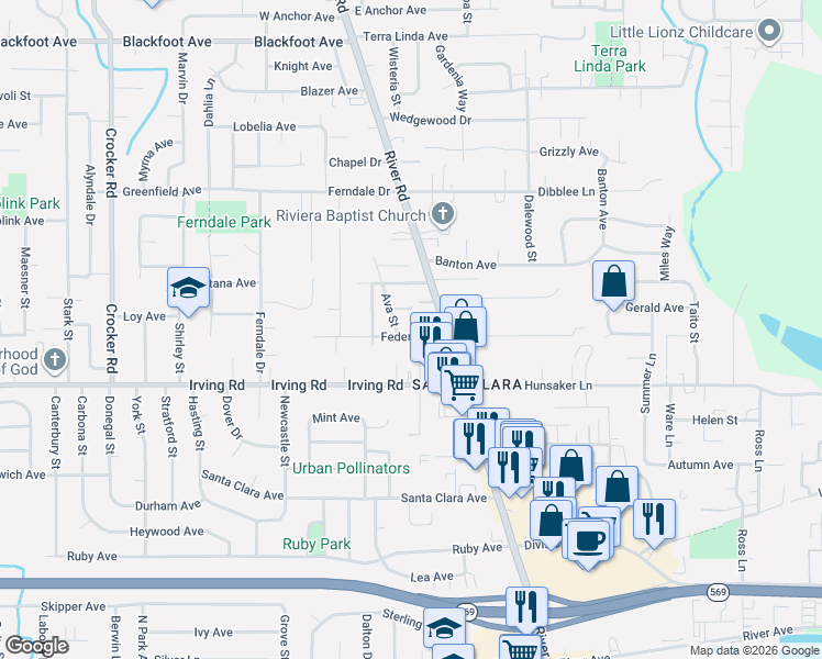 map of restaurants, bars, coffee shops, grocery stores, and more near 84 Federal Lane in Eugene