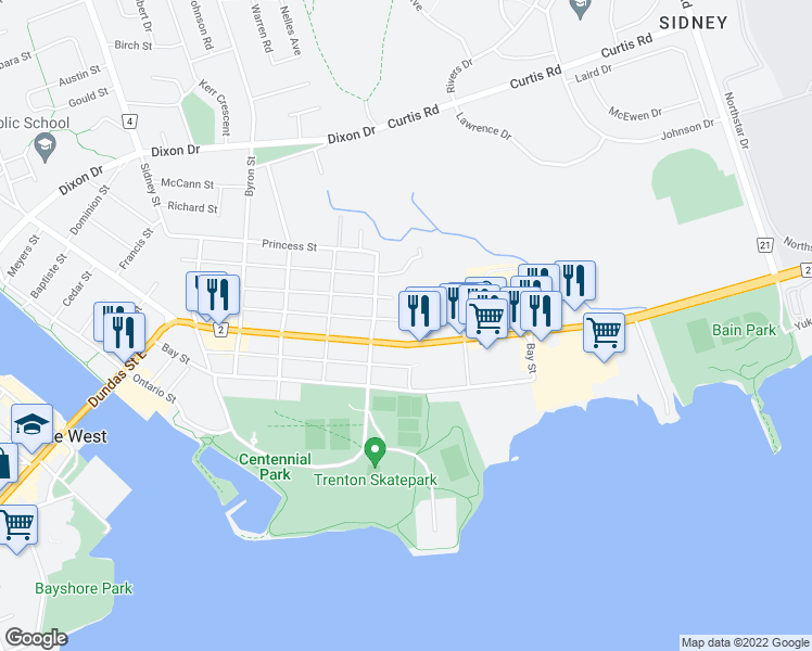 map of restaurants, bars, coffee shops, grocery stores, and more near 89 Heber Street in Quinte West