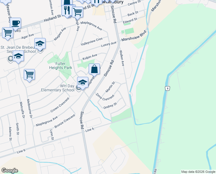 map of restaurants, bars, coffee shops, grocery stores, and more near 85 Martin Street in Bradford West Gwillimbury