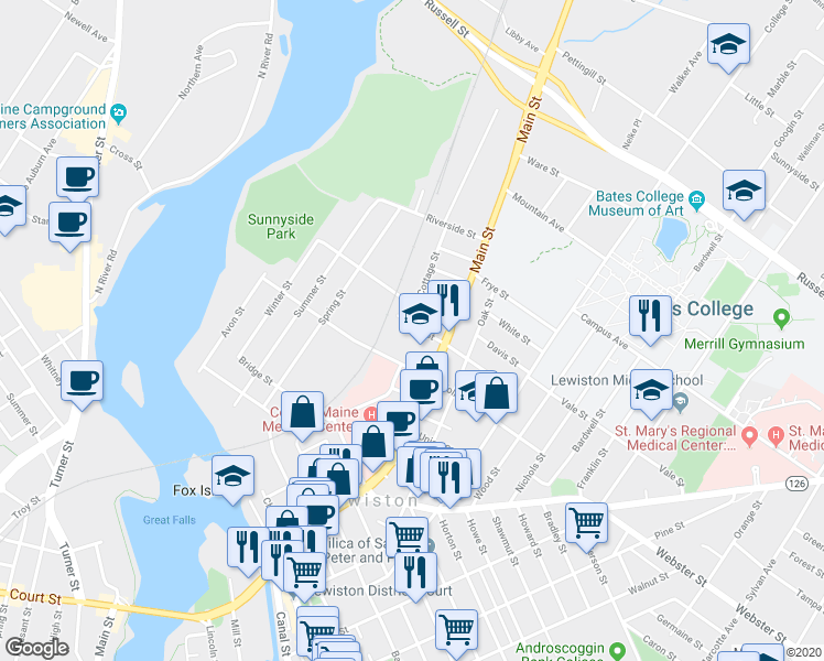 map of restaurants, bars, coffee shops, grocery stores, and more near 21 Elm Street in Lewiston