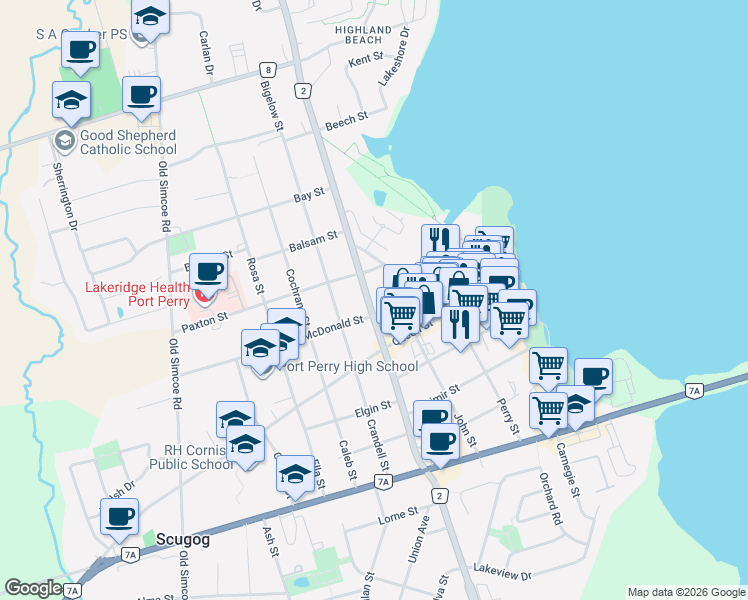map of restaurants, bars, coffee shops, grocery stores, and more near 15475 Simcoe Street in Scugog
