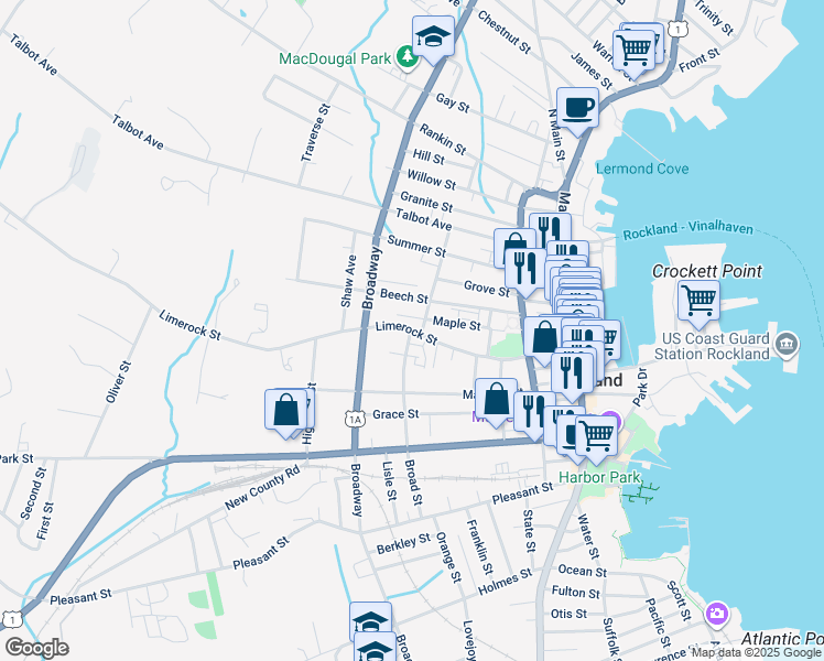 map of restaurants, bars, coffee shops, grocery stores, and more near 110 Limerock Street in Rockland