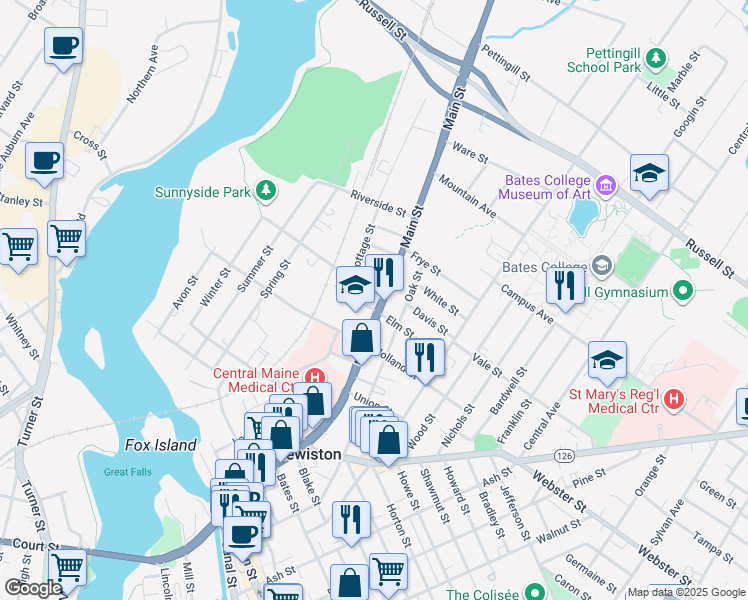 map of restaurants, bars, coffee shops, grocery stores, and more near 400 Main Street in Lewiston