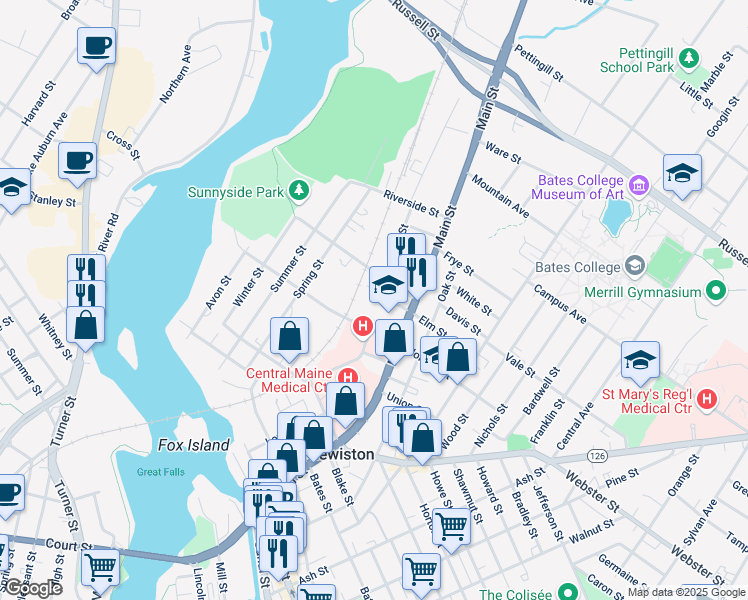 map of restaurants, bars, coffee shops, grocery stores, and more near 100 Holland Street in Lewiston
