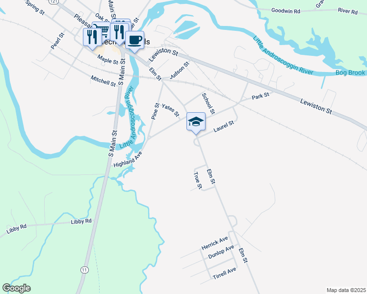map of restaurants, bars, coffee shops, grocery stores, and more near 129 Elm Street in Mechanic Falls