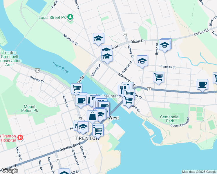 map of restaurants, bars, coffee shops, grocery stores, and more near 99 Ontario Street in Quinte West