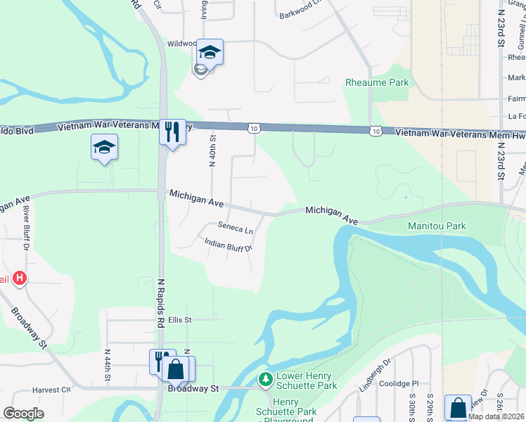 map of restaurants, bars, coffee shops, grocery stores, and more near 3616 Michigan Avenue in Manitowoc