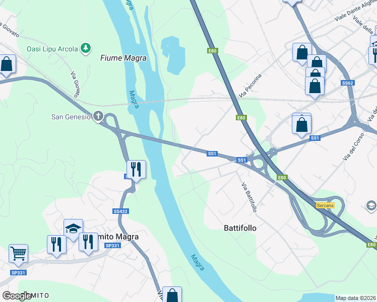 map of restaurants, bars, coffee shops, grocery stores, and more near 118 Via Pecorina in Sarzana