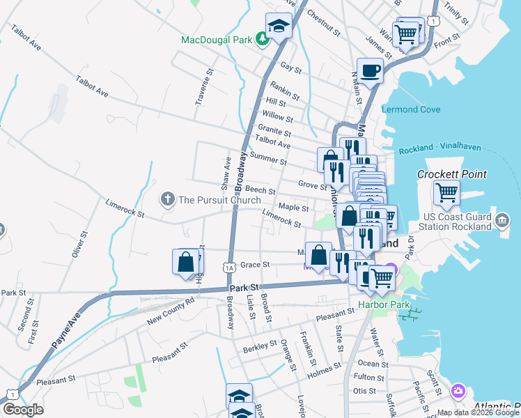map of restaurants, bars, coffee shops, grocery stores, and more near 110 Limerock Street in Rockland