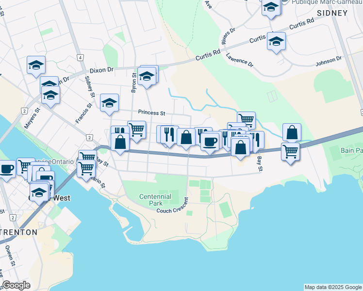 map of restaurants, bars, coffee shops, grocery stores, and more near 199 Dundas Street East in Quinte West