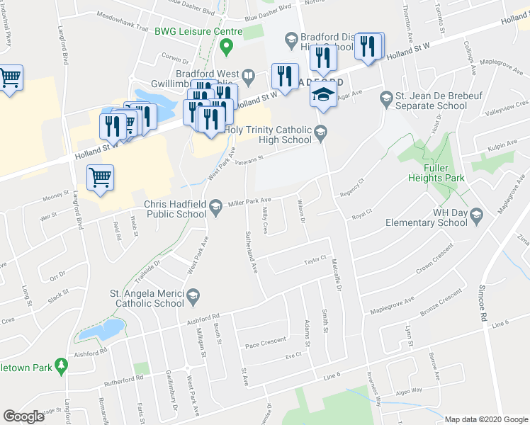 map of restaurants, bars, coffee shops, grocery stores, and more near 120 Milby Crescent in Bradford West Gwillimbury