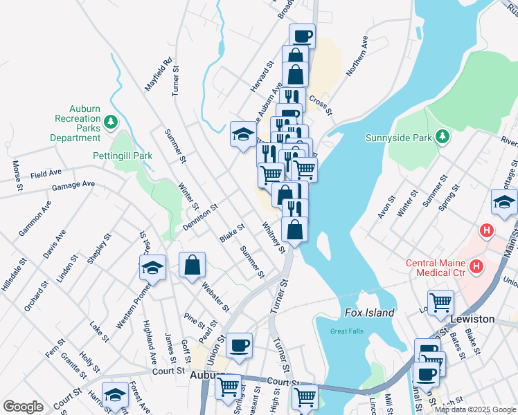map of restaurants, bars, coffee shops, grocery stores, and more near 95 Whitney Street in Auburn