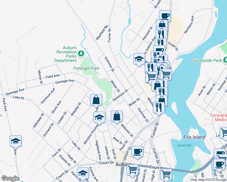 map of restaurants, bars, coffee shops, grocery stores, and more near 141 Winter Street in Auburn