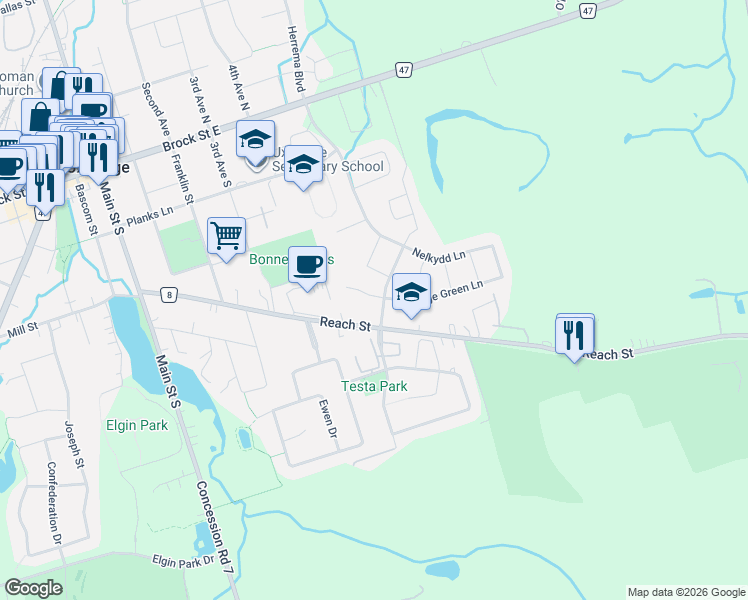 map of restaurants, bars, coffee shops, grocery stores, and more near 2 Bud Doucette Court in Uxbridge