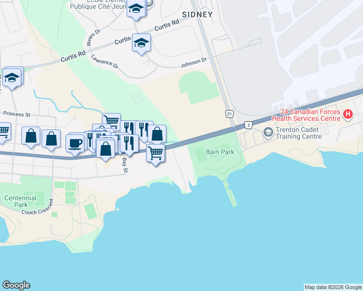map of restaurants, bars, coffee shops, grocery stores, and more near 325 Dundas Street East in Quinte West