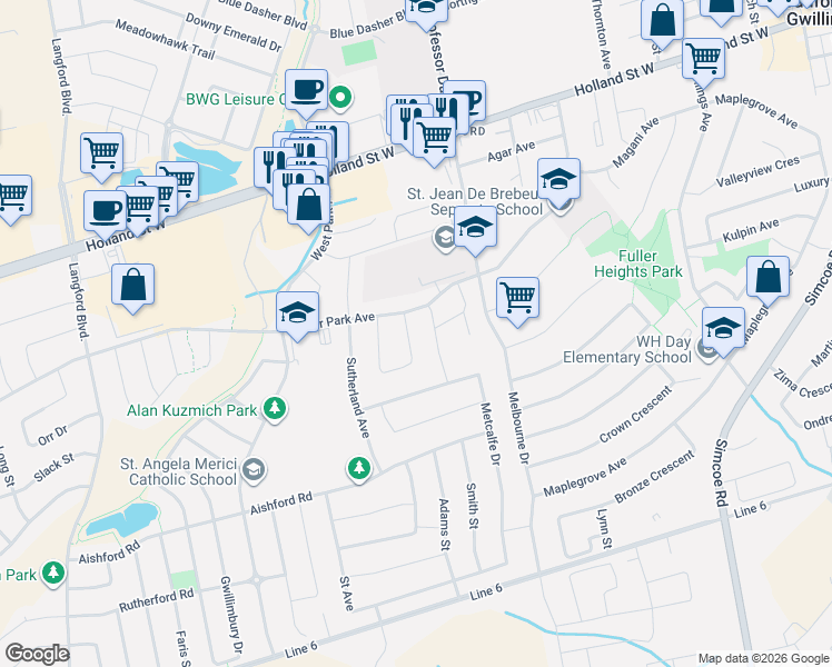 map of restaurants, bars, coffee shops, grocery stores, and more near 21 Milby Crescent in Bradford West Gwillimbury
