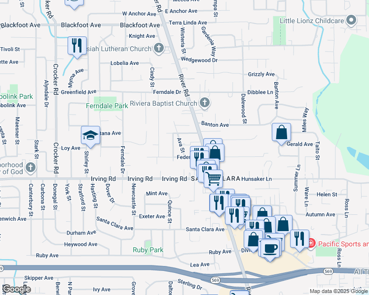 map of restaurants, bars, coffee shops, grocery stores, and more near 2910 River Road in Eugene