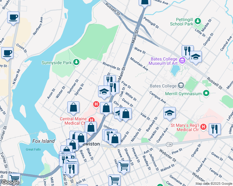 map of restaurants, bars, coffee shops, grocery stores, and more near 258 Oak Street in Lewiston