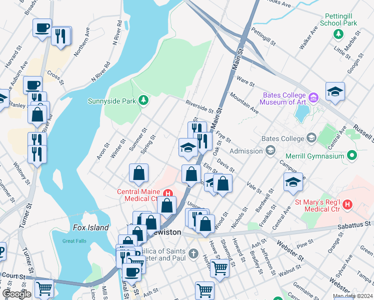 map of restaurants, bars, coffee shops, grocery stores, and more near 44 Whipple Street in Lewiston