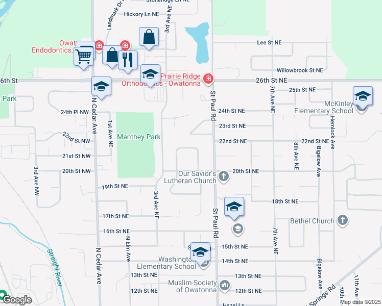map of restaurants, bars, coffee shops, grocery stores, and more near 2036 Greenwood Drive in Owatonna