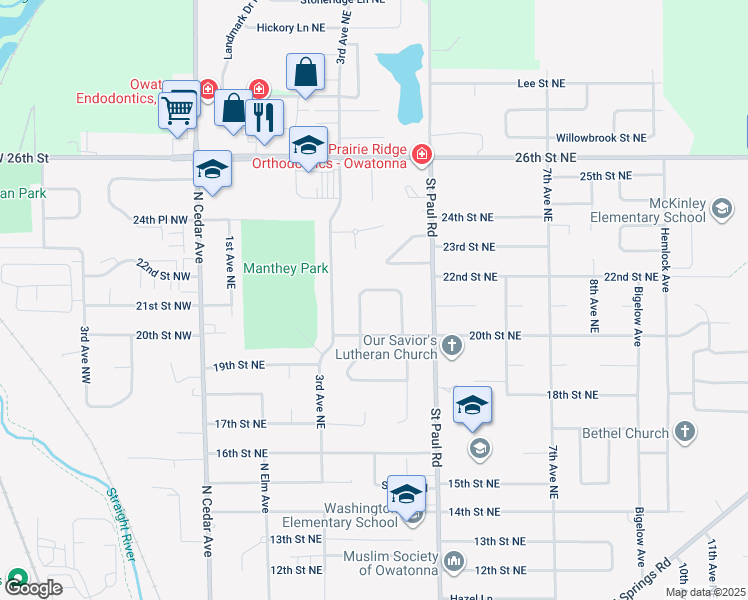 map of restaurants, bars, coffee shops, grocery stores, and more near 2036 Greenwood Drive in Owatonna