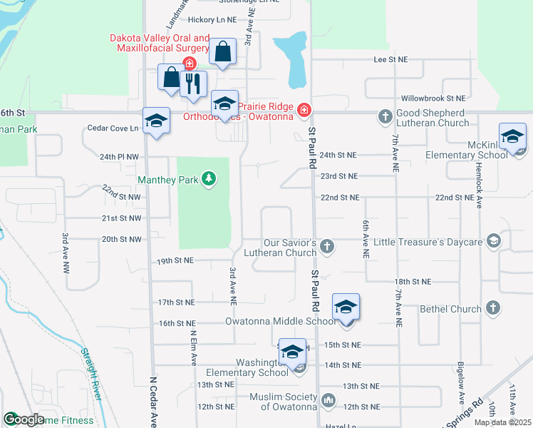 map of restaurants, bars, coffee shops, grocery stores, and more near 2036 Greenwood Drive in Owatonna