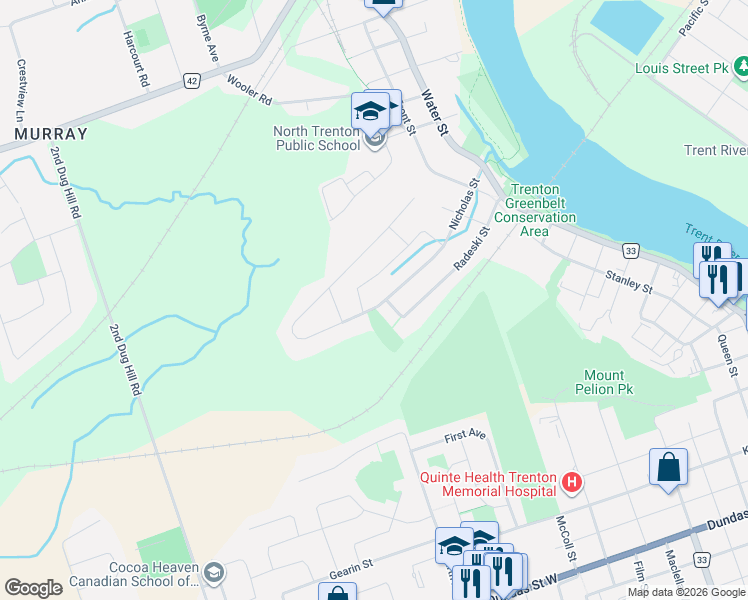 map of restaurants, bars, coffee shops, grocery stores, and more near 116 Nicholas Street in Quinte West
