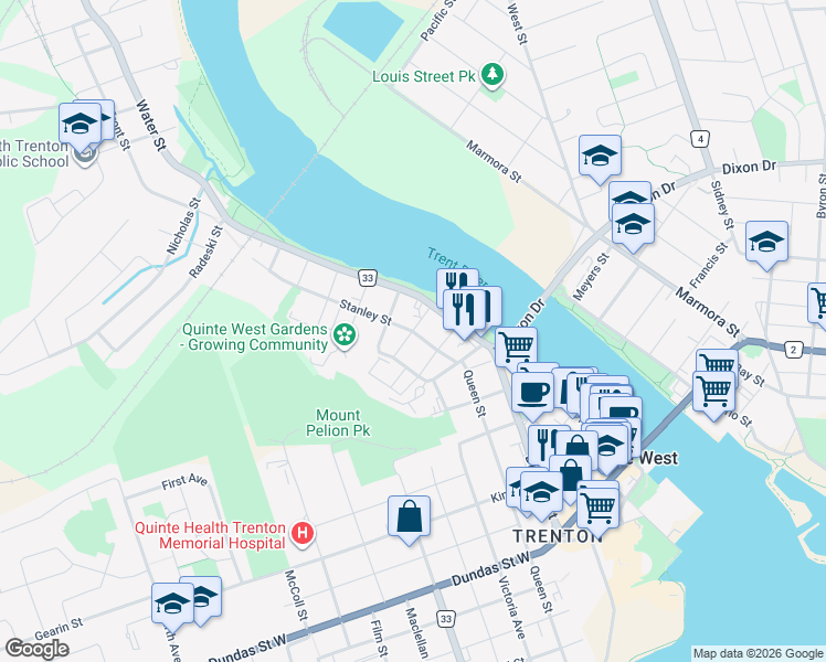 map of restaurants, bars, coffee shops, grocery stores, and more near Stanley Street in Quinte West