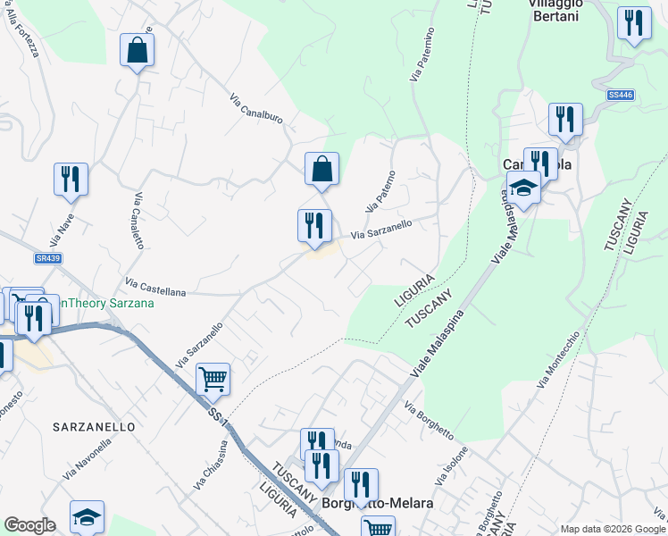 map of restaurants, bars, coffee shops, grocery stores, and more near 226B Via Sarzanello in Sarzana