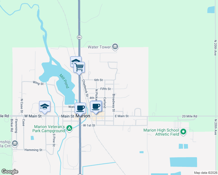 map of restaurants, bars, coffee shops, grocery stores, and more near 300-310 6th Street in Marion