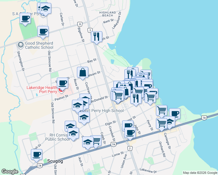 map of restaurants, bars, coffee shops, grocery stores, and more near 15523 Simcoe Street in Port Perry