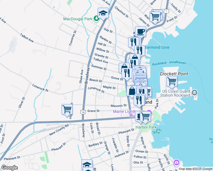 map of restaurants, bars, coffee shops, grocery stores, and more near 35 Beech Street in Rockland