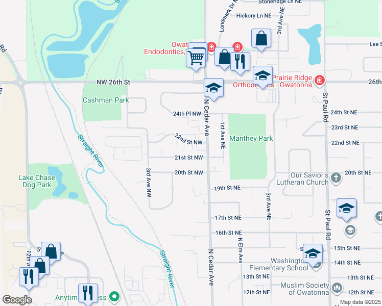 map of restaurants, bars, coffee shops, grocery stores, and more near 135 22nd Street Northwest in Owatonna