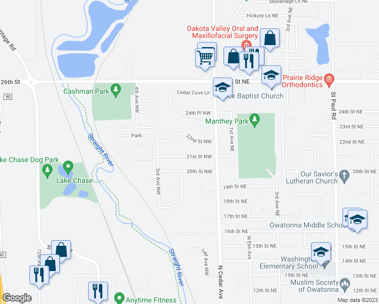 map of restaurants, bars, coffee shops, grocery stores, and more near 166 21st Street Northwest in Owatonna