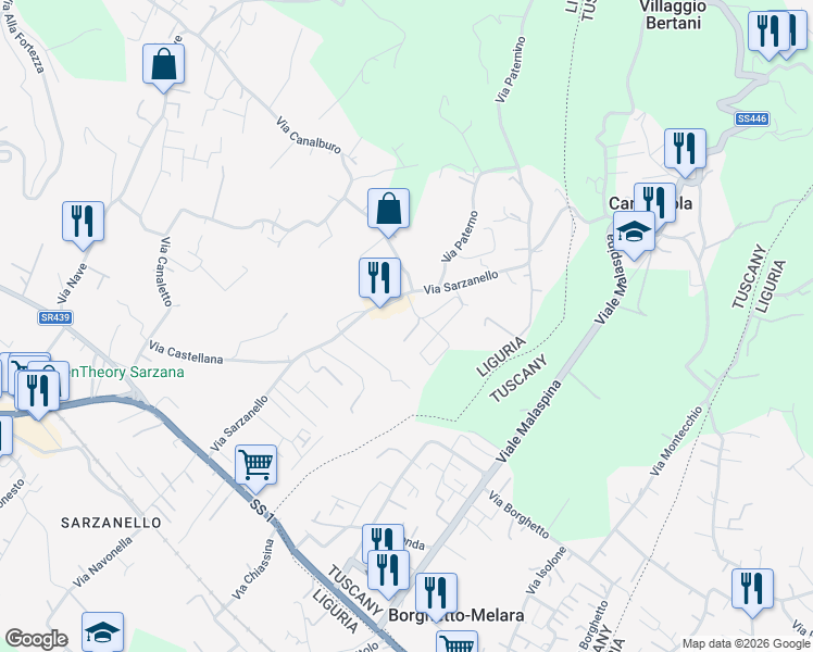 map of restaurants, bars, coffee shops, grocery stores, and more near 258 Via Sarzanello in Sarzana