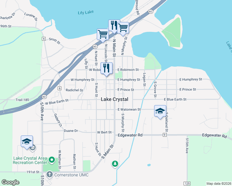 map of restaurants, bars, coffee shops, grocery stores, and more near 142 South Main Street in Lake Crystal