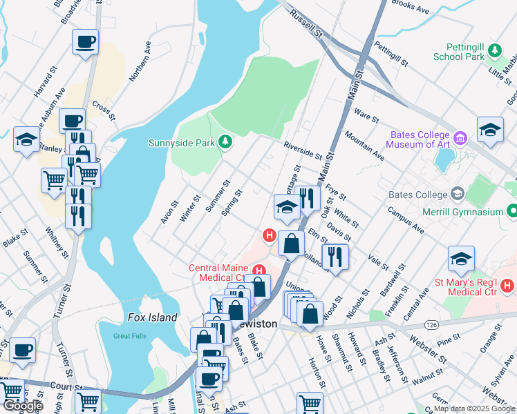 map of restaurants, bars, coffee shops, grocery stores, and more near 50 Whipple Street in Lewiston